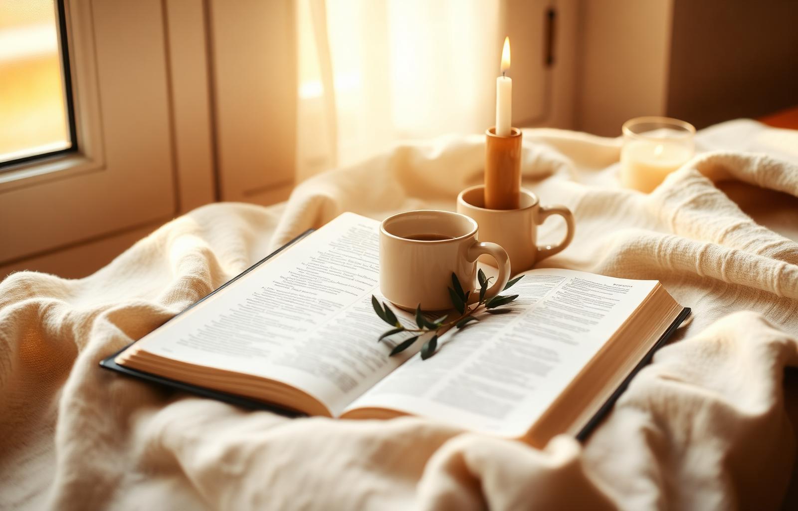 Open Bible and warm coffee in soft light